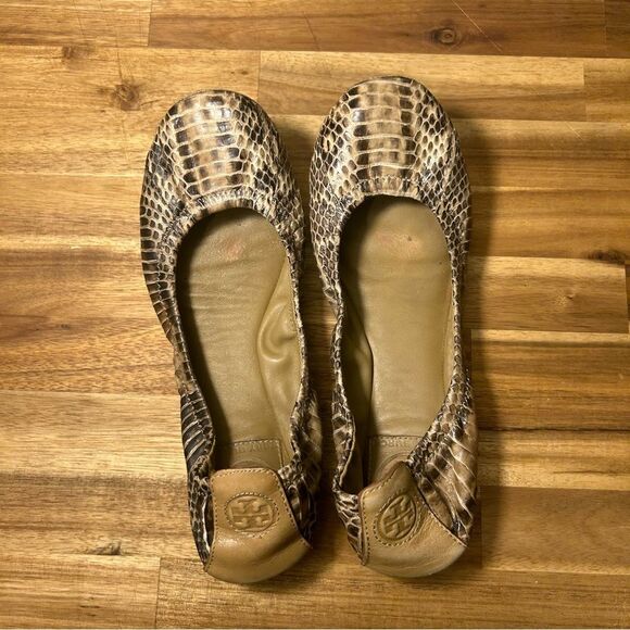 Tory Burch Eddie Snake Watersnake Veg Leather Ballet Flats Tan Brown - Picture 1 of 9